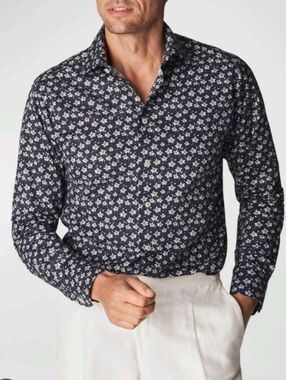 ETON Men's Floral-print Cotton Dress Shirt In Black Sz XL/43 17